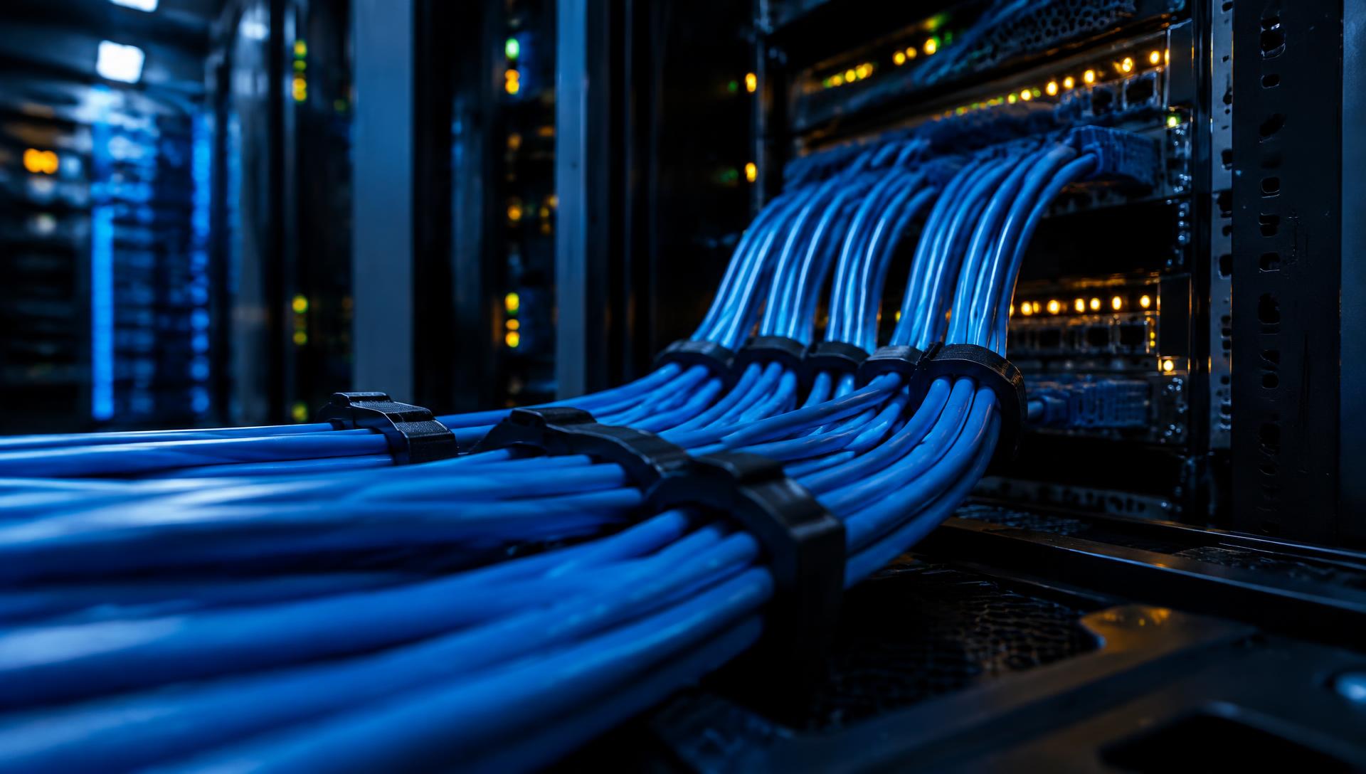 Cableado de fibra óptica en un rack de servidores