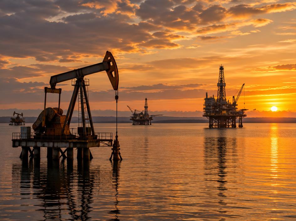 Complejo industrial petrolero al atardecer